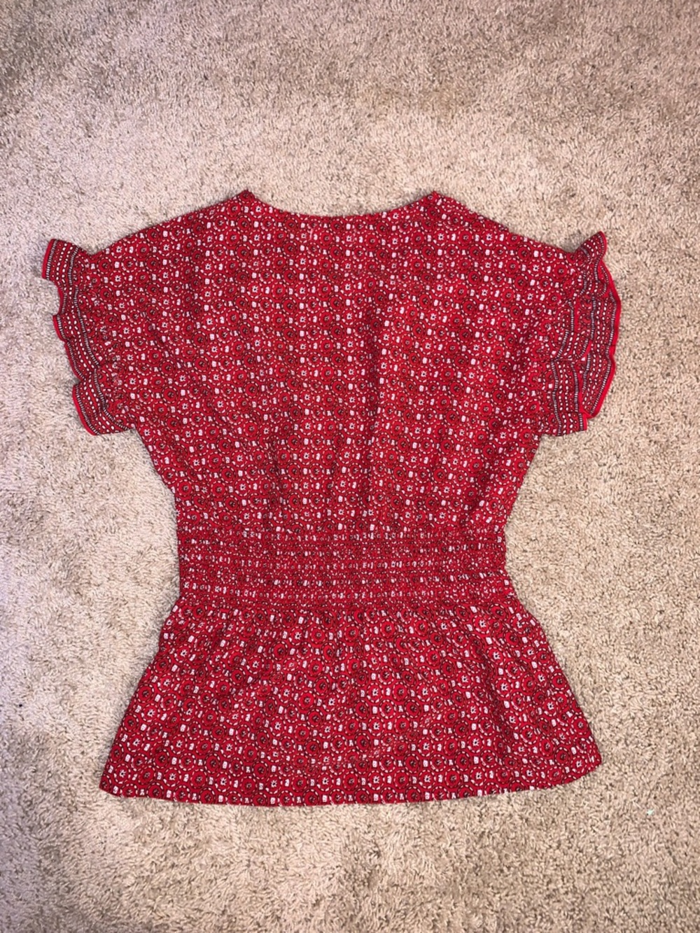 Max Studio Women’s Red Floral Ruffle Peplum Waist Bow Tie Smocked Women's Top - Picture 9 of 9